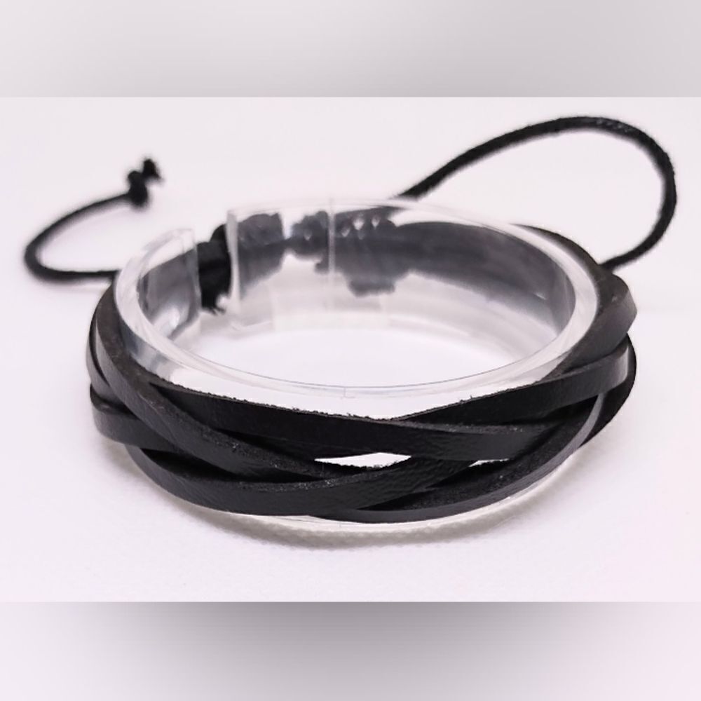 Men's leather bracelet layered‎ black new e36